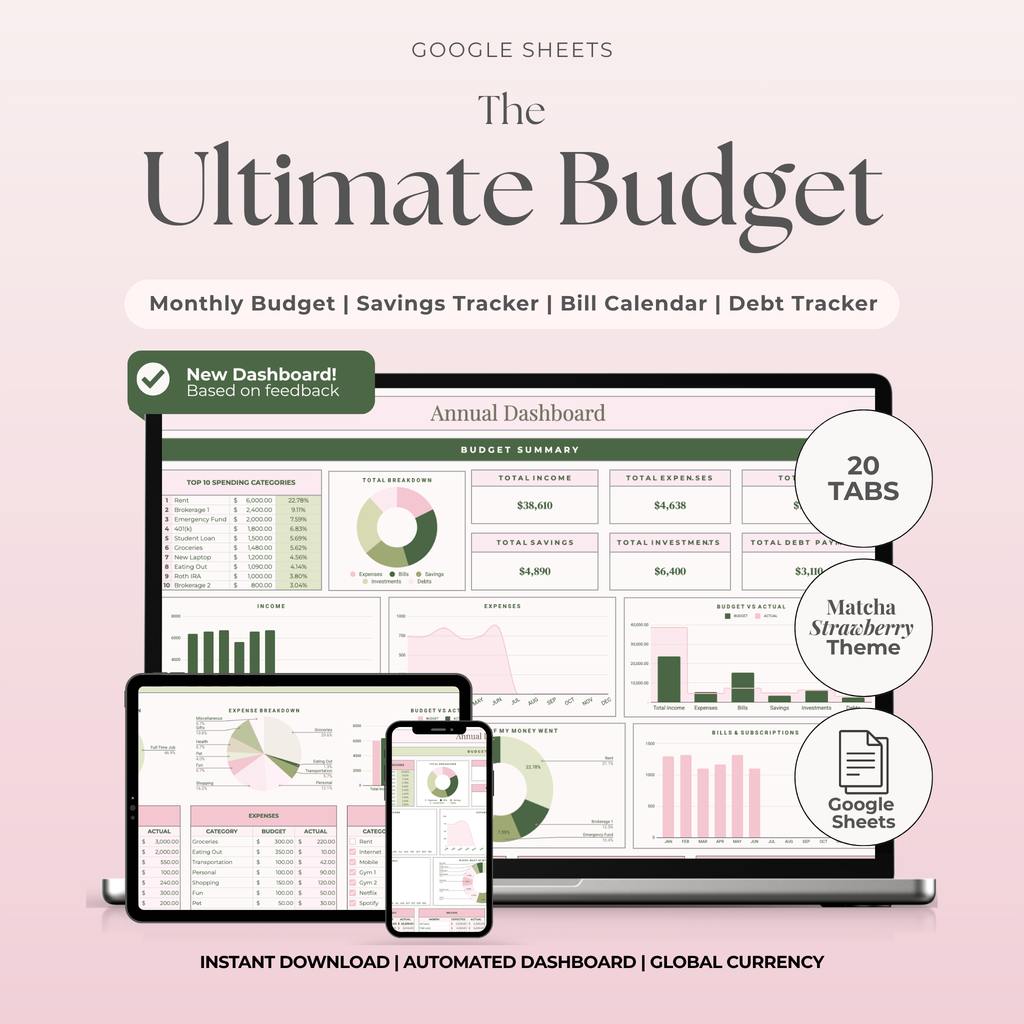Ultimate Annual Budget System for Google Sheets -Strawberry Matcha